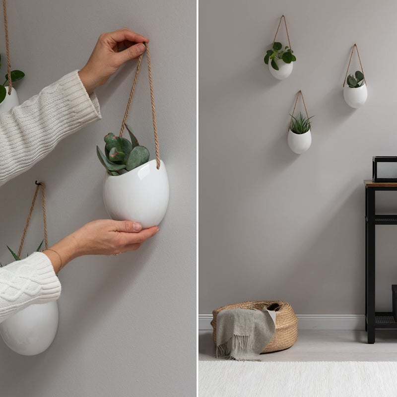 Kazai. Wall Planters -Ellie- | Hanging Ceramic Plant Pots 3 Pieces | Wall Decoration for Indoors  Balcony and Garden | White (Glossy) - Image 4